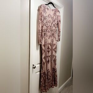 Betsy and Adam, long sleeve pink dress styled with beautiful sequins and sleeves